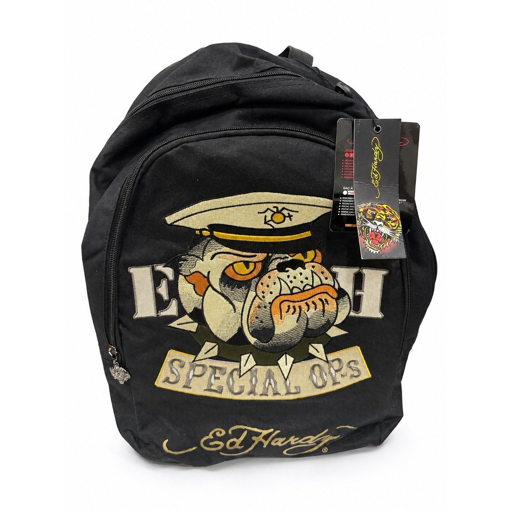 Ed Hardy Josh Special Ops Bulldog Tattoo Embroidered Backpack Black NWT